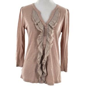 Ann Tylor loft top S pink mauve split v-neck  button down ruffle 3/4 sleeve